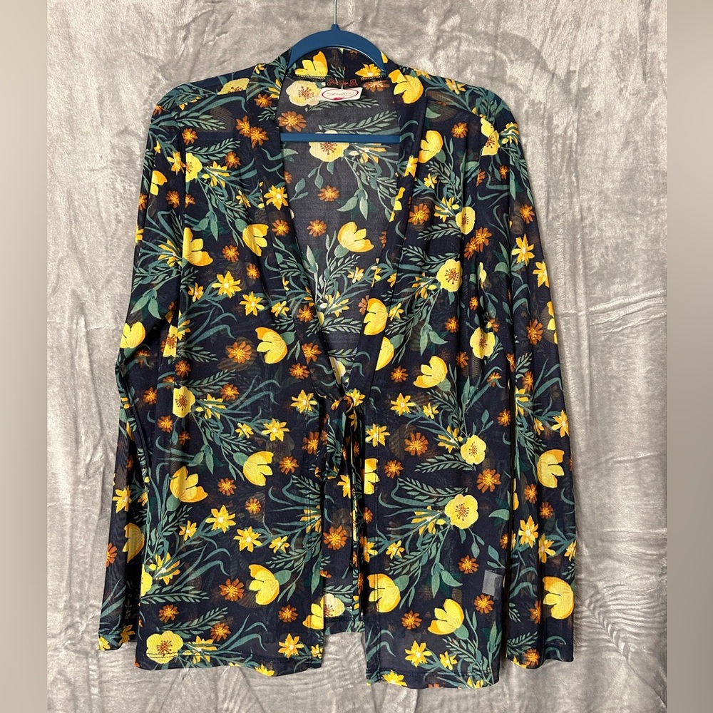 NWT Women’s Sheila Rose Floral Sheer Mesh Long Sleeve Tie Kimono size Large
